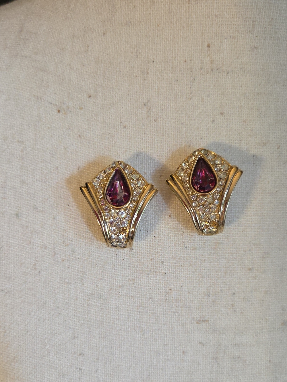 Vintage Faux Crystal Gold Amythst 80's Peirced Earrings